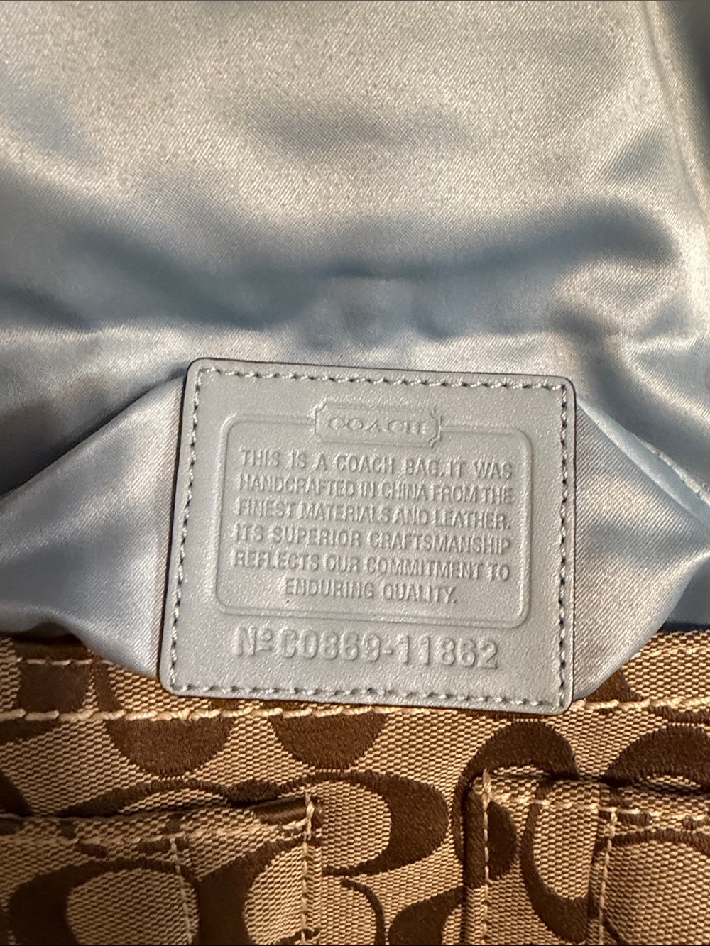 Coach soho flap Tan Signature Canvas Shoulder Bag with Light Blue Trim vintage - Picture 2 of 8